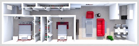 a 3d rendering of a white house with red furniture